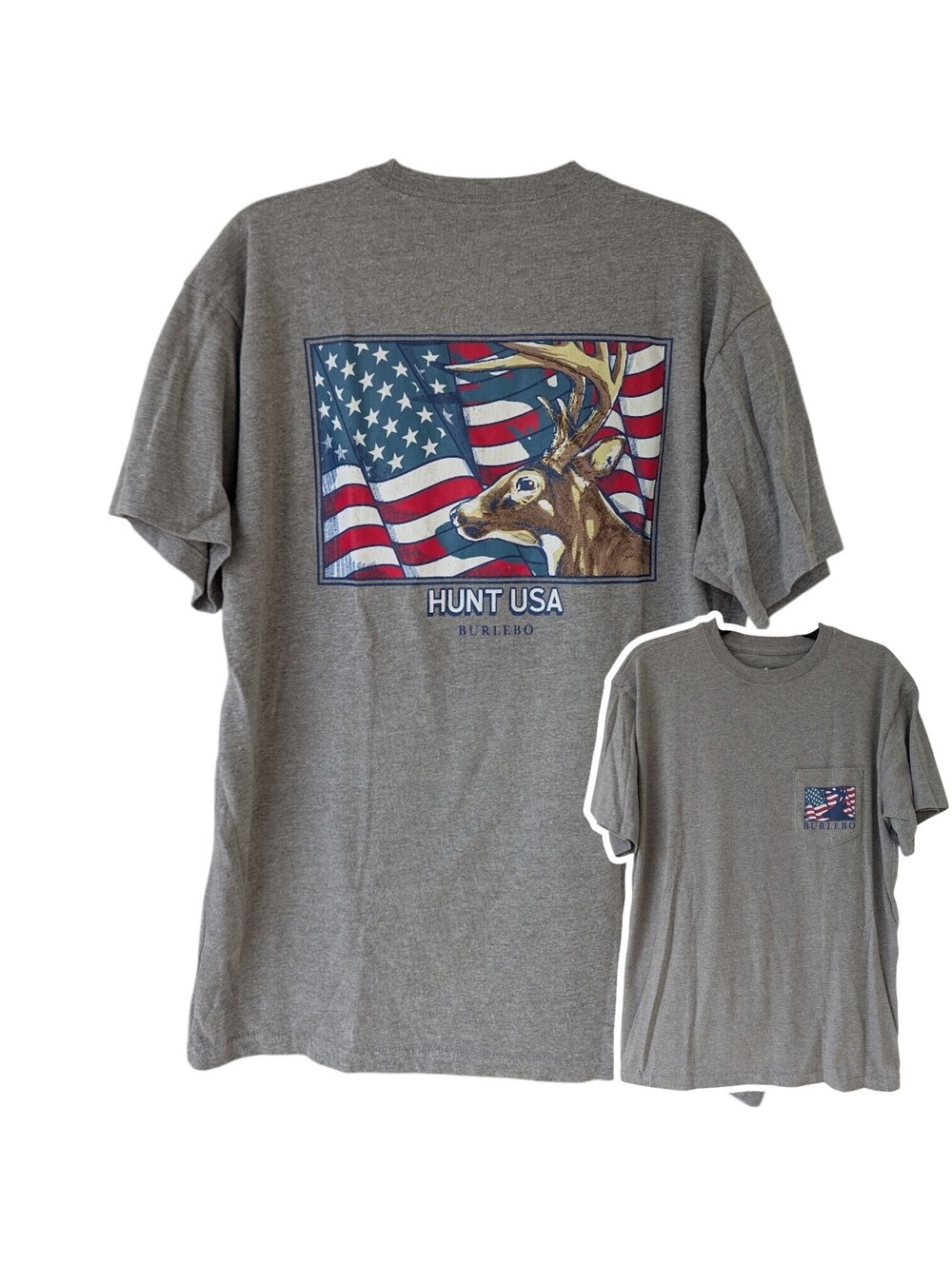 Burlebo Gray Hunt USA Graphic Pocket T-Shirt Mens Medium Deer Flag Tee 21.5x28.5